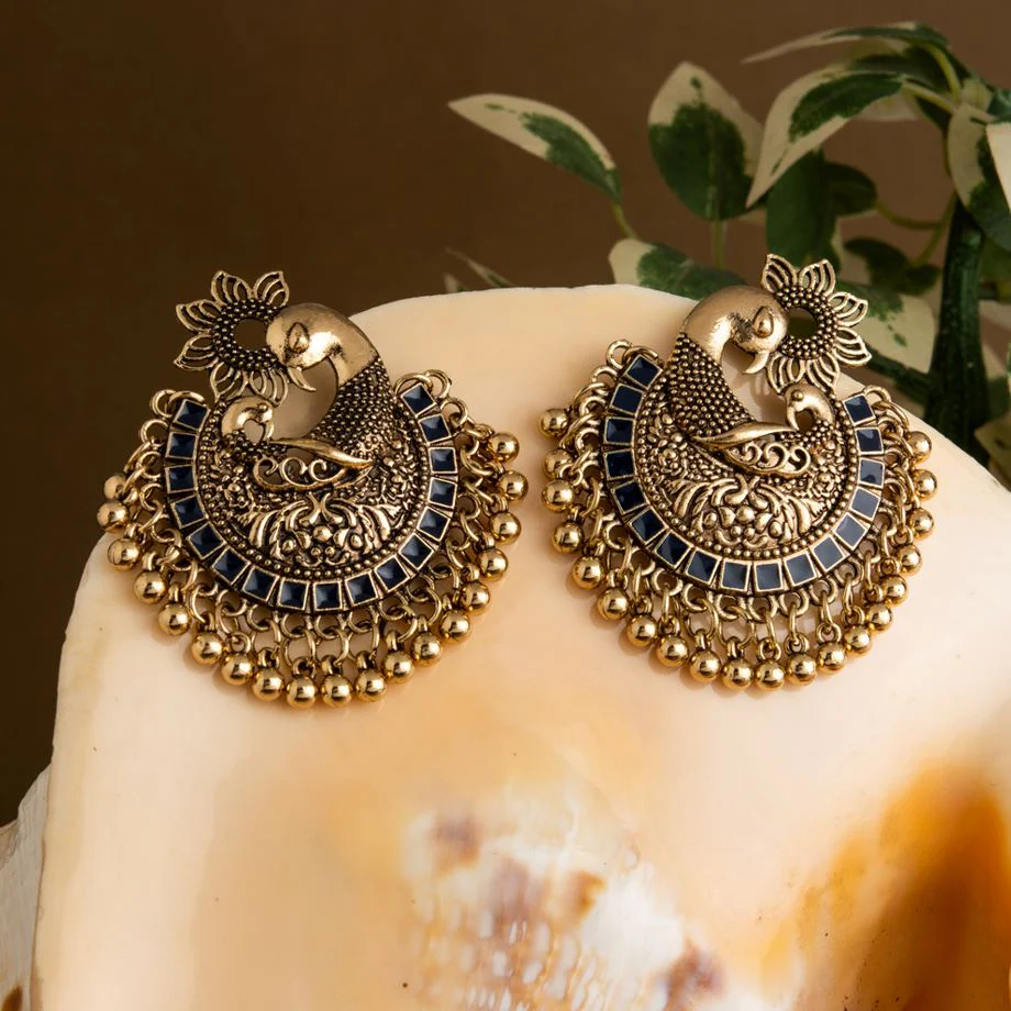AER-1639-1 Gold Plated Peacock Design Enamel Artwork With Beads Fashion Antique Oxidised Earring - Image 1