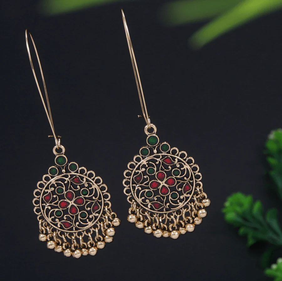 AER-3220-GOLD-RED-GREEN-2 Antique Gold Plated Dual Colour Hook Long Dangler Earring - Image 1