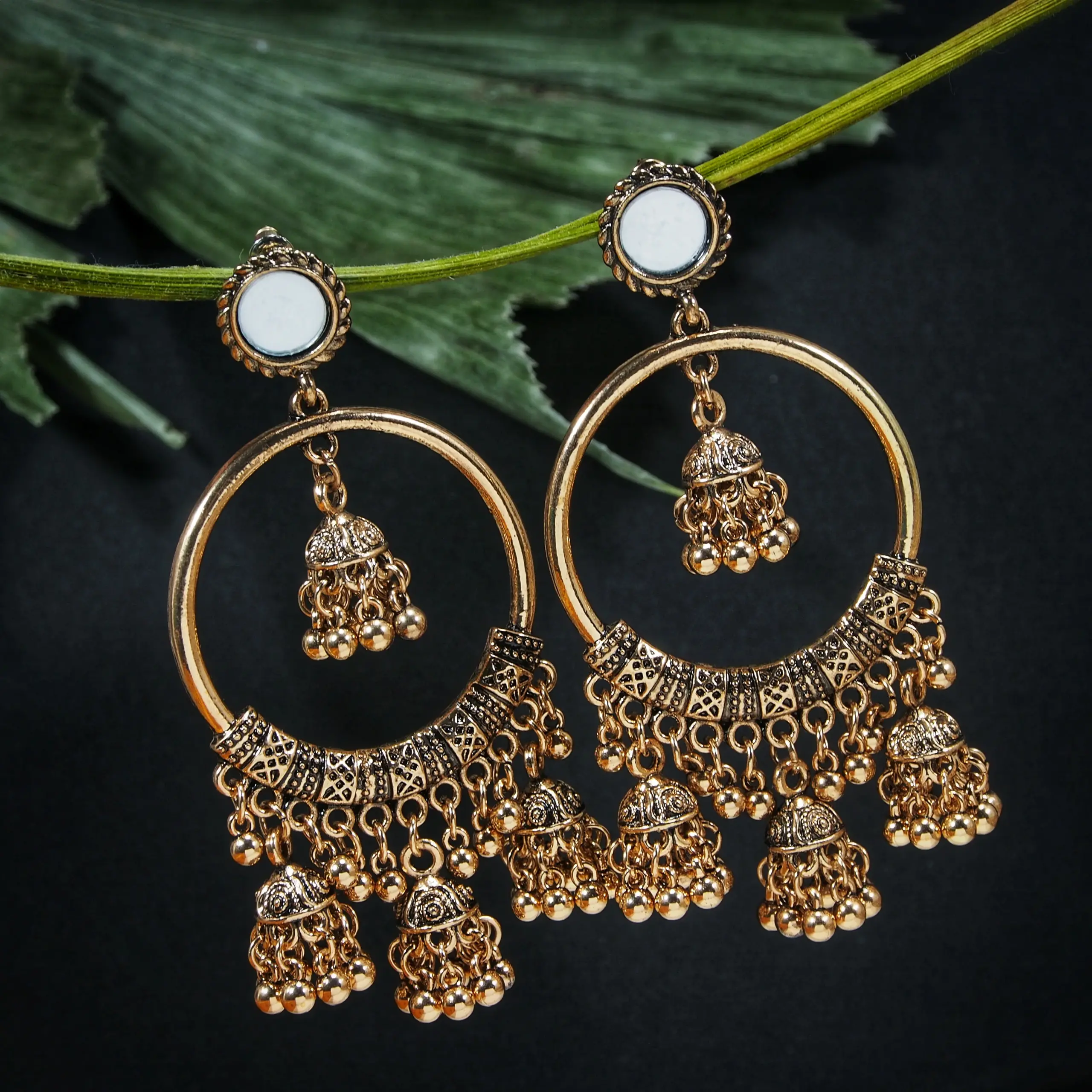 AER374 Antique Gold Plated Bali With Small Mirror and Jhumki - Image 1