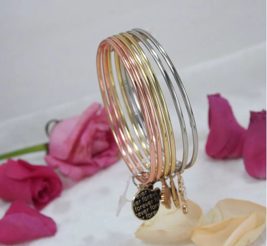 BG-1037-A Three Tone Plain Stylish Bangles With Heart And Four-leaf Clover Charming - Image 1