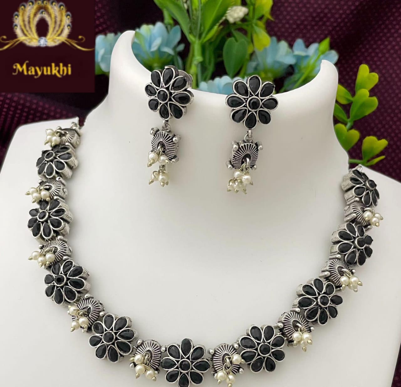 IMG-20240702-WA0047 GERMAN SILVER BLACK FLORAL NECKPIECE - Image 1
