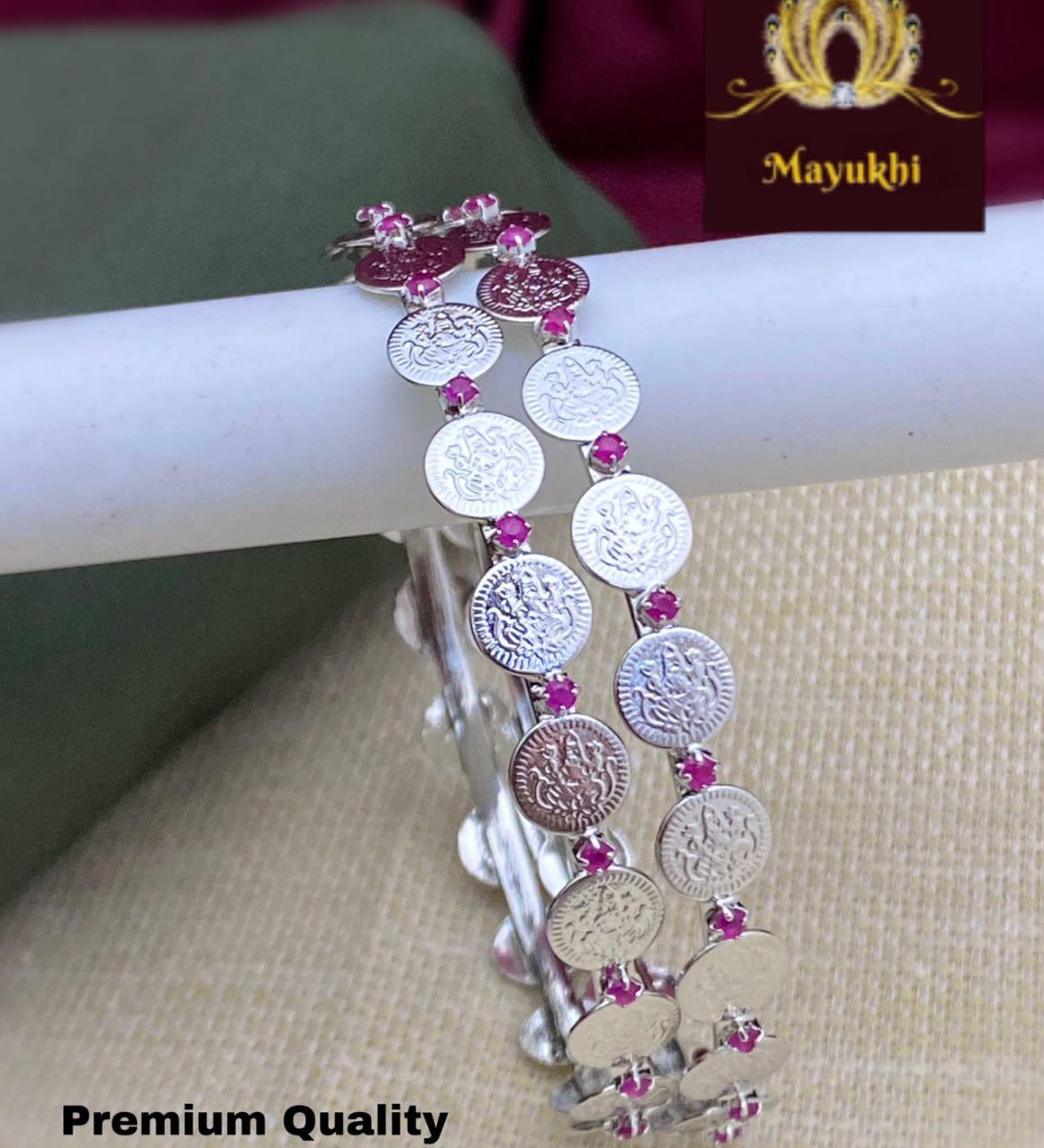 IMG-20240702-WA0063 PREMIUM GERMAN SILVER DEVI COIN BANGLES WITH RUBY STONES - Image 1