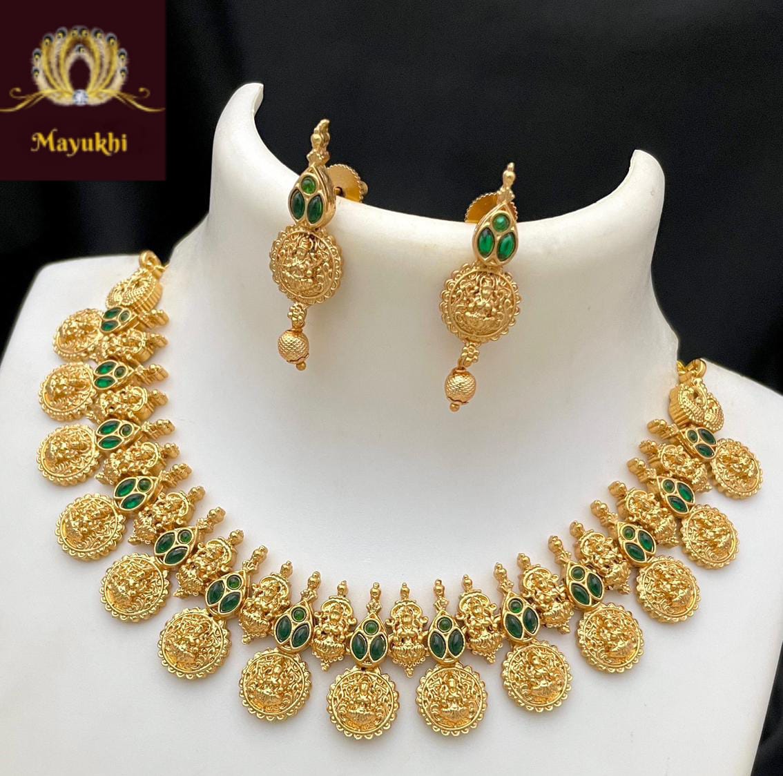 IMG-20240713-WA0210 PREMIUM DEVI COIN NECKPIECE - GREEN STONE - Image 1