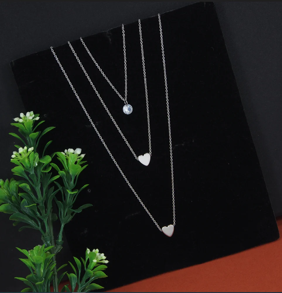 MLNK-3011-SILVER Gold/Silver/Rosegold Plated Multi Layered Heart Shaped Pendent Necklace - Image 1