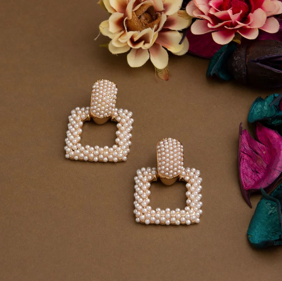 PER-1518 Gold Plated Square Shaped Designer Fashion Pearl Earring - Image 1