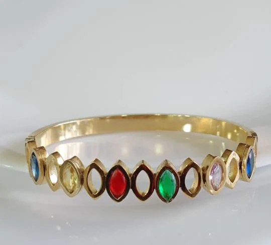 STKD4855GOLD Stainless Steel Gold Plated Multi Coloured Kada - Image 1