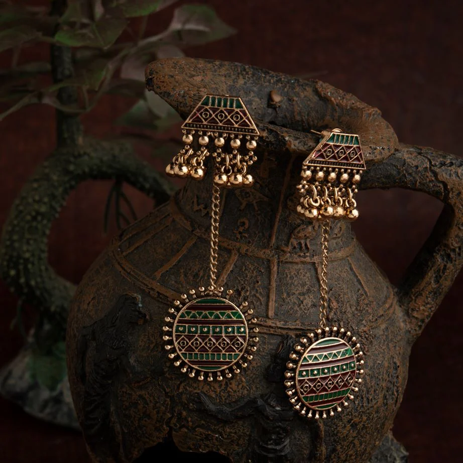 AER-1618-1 (1) Gold Plated Geometric Shaped Enamel Artwork With Beads Designed Antique Earring - Image 1