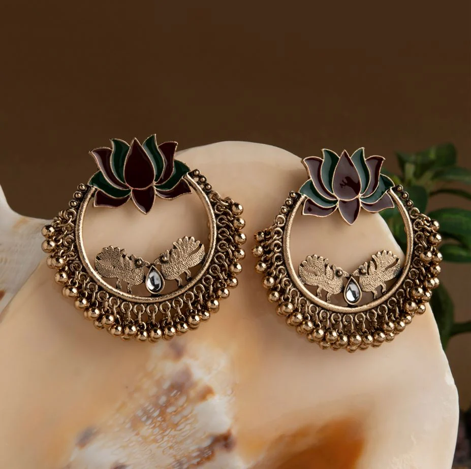 AER-1692-1 (1) Gold Plated Lotus Designed Dual Colored Enamel With Beads Designed Antique Earring - Image 1