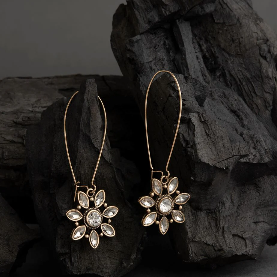 AER-1735 (1) Gold Plated Floral Designed Stone Artwork Long Hook Closure Antique Earring - Image 1