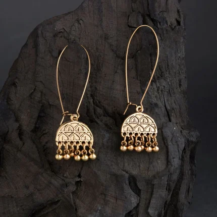gold Plated Long Hook Closure Hanging Geometric Design Artwork With Beads Fashion Antique Earring