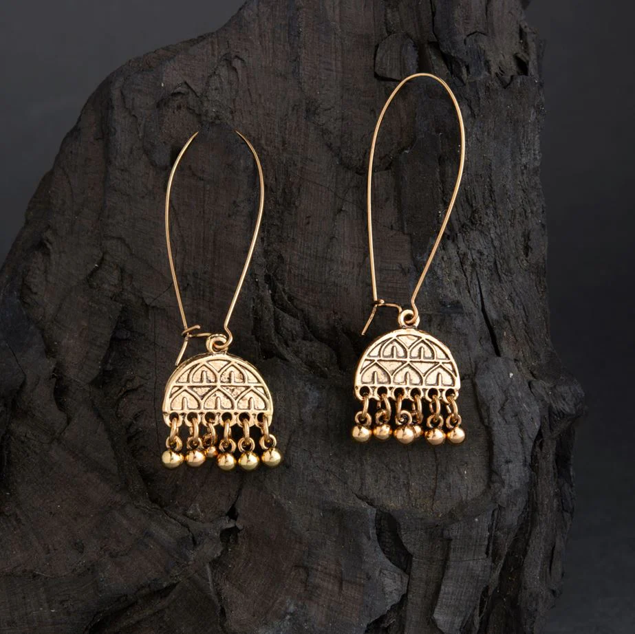 AER-1737-1 gold Plated Long Hook Closure Hanging Geometric Design Artwork With Beads Fashion Antique Earring - Image 1