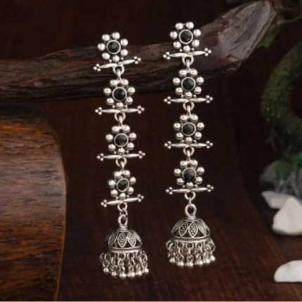 BLACK STONE-Oxidised Silver Plated Stone Studded Four Layered Flower Linked With Antique Jhumka Earring