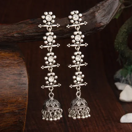 WHITE  STONE-Oxidised Silver Plated Stone Studded Four Layered Flower Linked With Antique Jhumka Earring
