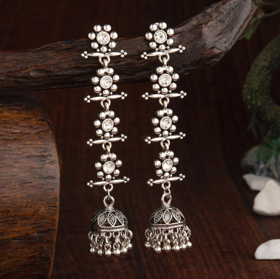 AER-2200 WHITE STONE-Oxidised Silver Plated Stone Studded Four Layered Flower Linked With Antique Jhumka Earring - Image 1