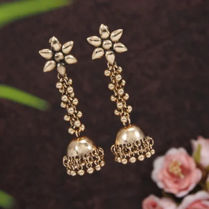 GOLD Plated Floral Design Hanging Beads Long Jhumka Earring