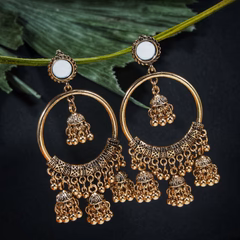 Antique Gold Plated Bali With Small Mirror and Jhumk