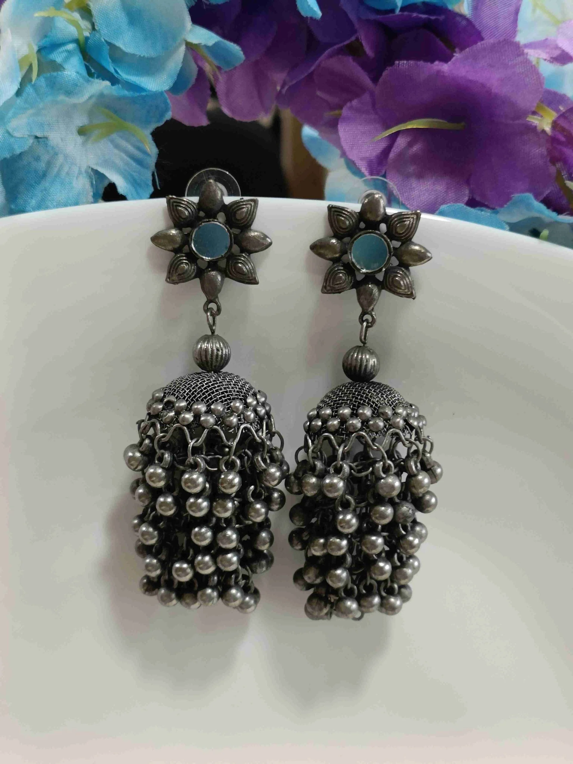 OXDER-4219-scaled (1) Silver Oxidised Mirror Floral Afghani Jhumka Earring - Image 1