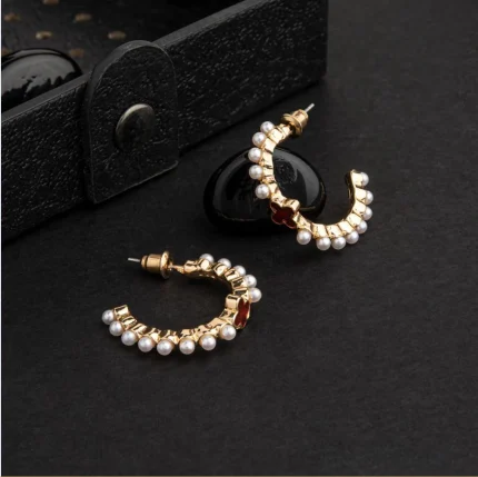 Gold Plated Pearl Studded With Clover Design Fashion Hoops Earring