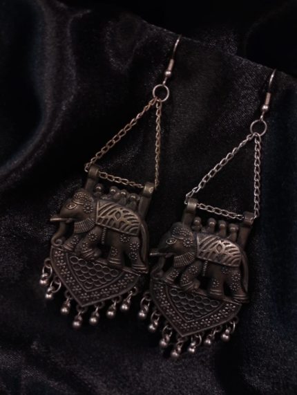 GERMAN SILVER BLACK ELEPHANT EARRINGS